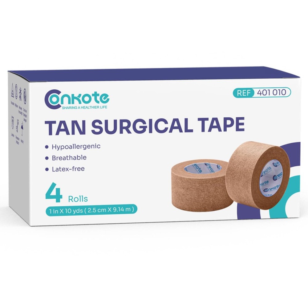 Conkote Tan Paper Surgical Tape 1 x 10 Yards, Hypoallergenic Medical Tape, 4 Rolls