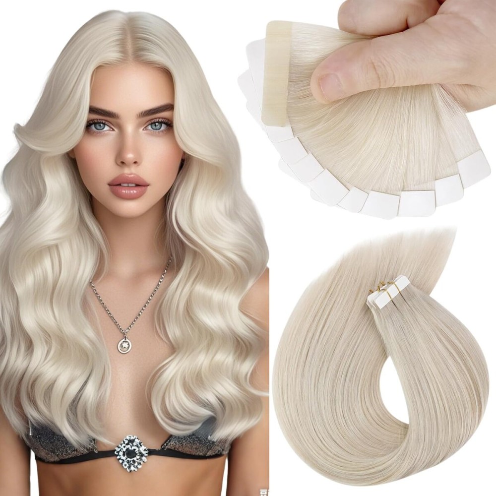 Sunny Hair Tape in Hair Extensions Real Human Hair Invisible Remy Hair Extensions Tape ins for Women White Blonde 12 inch 20G