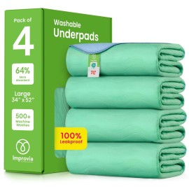 IMPROVIA Washable Underpads, 34 x 52 (Pack of 4) - Heavy Absorbency Reusable Incontinence Pads for Kids, Adults, Elderly, and Pets - Waterproof Protective Pad for Bed, Couch, Sofa, Furniture, Floor