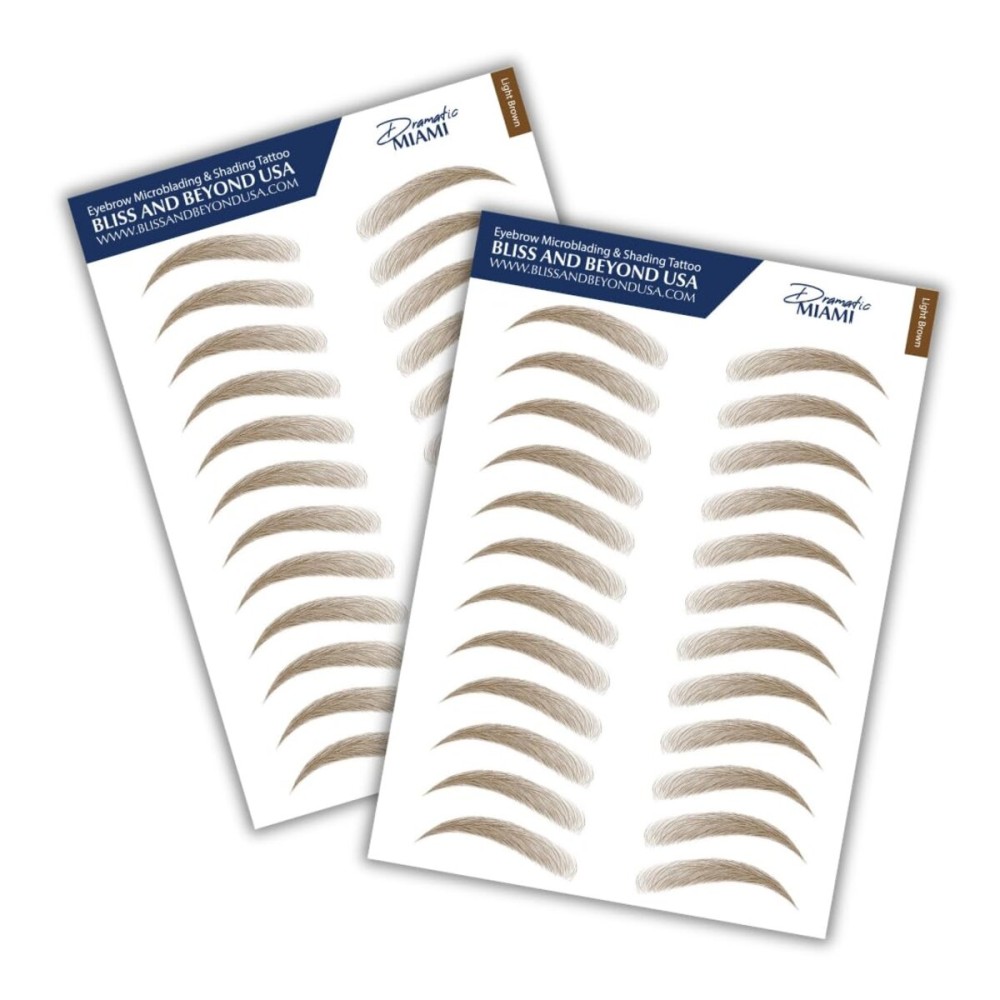 Bliss and Beyond USA, 2 sheets eyebrow tattoo waterproof sticker, Long Lasting, Natural Looking Fake Eyebrow for Alopecia, Chemo, Cancer. Same Size eyebrow tattoos (Dramatic Miami, Light Brown)