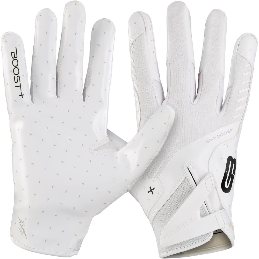 Grip Boost Football Gloves - Solid Stealth 6.0 Boost Plus Sticky Technology - Adult and Youth Football Gloves for Wide Receiver - Men\'s and Boys Sizes (Solid White, Youth Large)