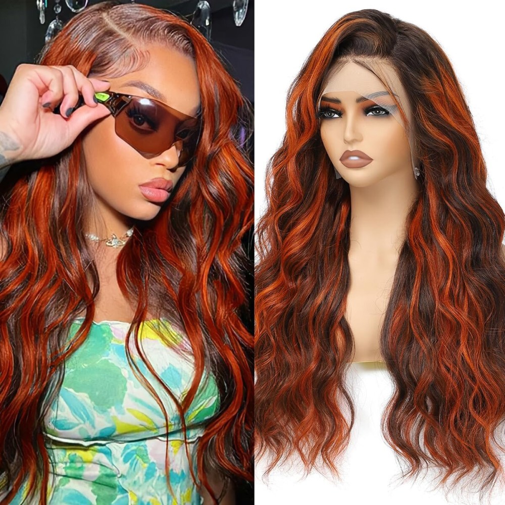 LAINSS P4/350 Ginger Orange and Brown Colored Body Wave Lace Front Wigs Human Hair 13x4 Highlight HD Lace Front Wig Human Hair Pre Plucked for Black Women 180% Density Glueless Wig 32Inch