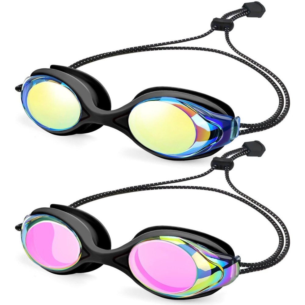 Vvinca 2 Pack Bungee Strap Kids Swim Goggles, No Hair Pulling Anti-Fog Adjust Goggles for Kids 4-16 Teens Youth