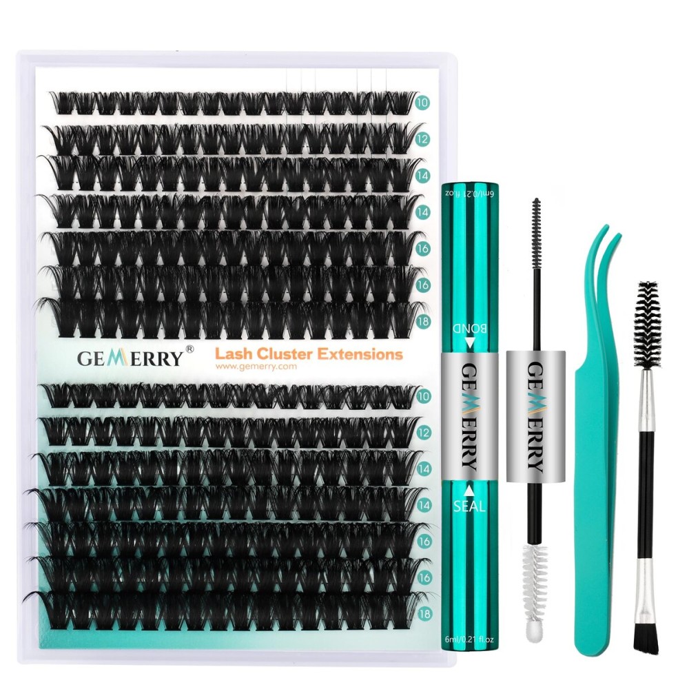 GEMERRY Fluffy Lash Extension Kit Thick Lash Clusters Kit Eyelash Clusters 280Pcs D Curl Eyelash Extension Kit With Lash Bond and Seal, Lash Tweezers, DIY Lash Extension(80P+100P-10-18mm)
