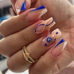 YoYoee Blue Ballerina Nails Tips French False Nails Long Square Press on Nails Swirl Fake Nails for Women and Girls 24PCS