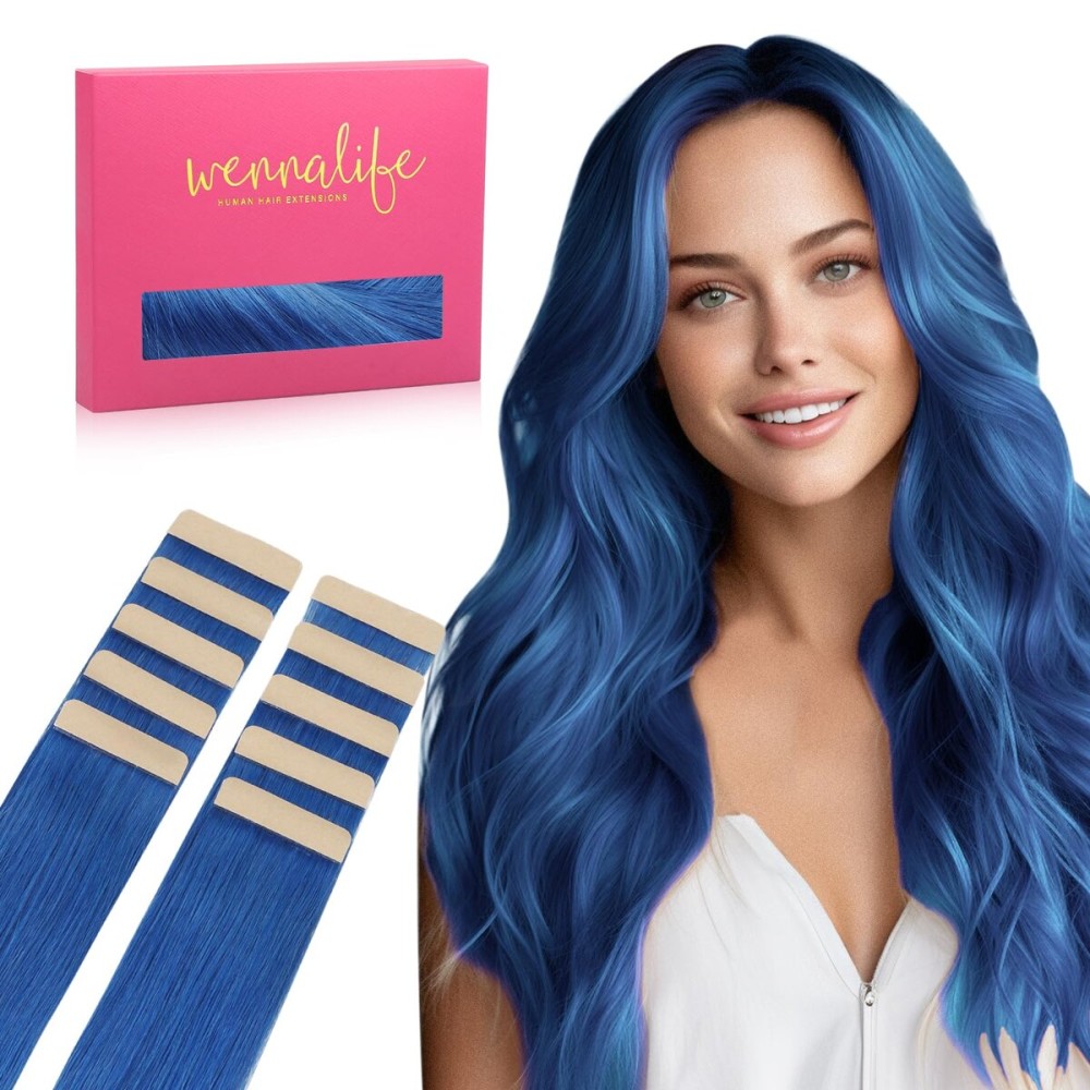 Wennalife Blue Tape In Hair Extensions, 10pcs 20g 12 inch Remy Invisible Tape Ins Straight Colored Soft Real Human Hair Tape In Extensions Refill Set Extensions