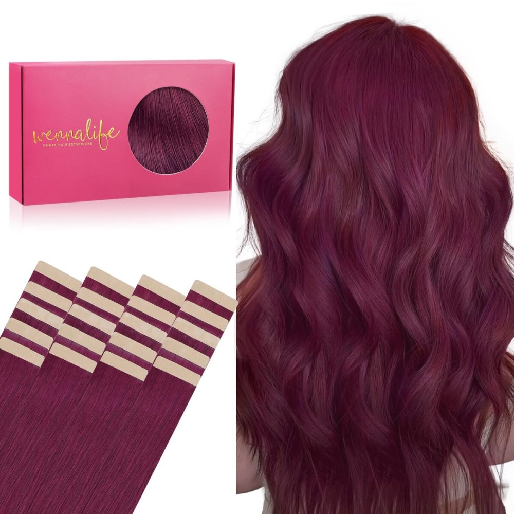 WENNALIFE Tape in Hair Extensions Human Hair, 20pcs 50g 20 inch Light Burgundy Remy Hair Extensions Straight Human Hair Tape in Extensions Skin Weft Tape Extensions Human Hair