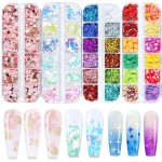 AddFavor 4 Boxes Holographic Nail Glitter Mixed Butterfly Heart Star Sequins Iridescent Flakes Fruit Nail Slice for Nail Art Decorations Supplies