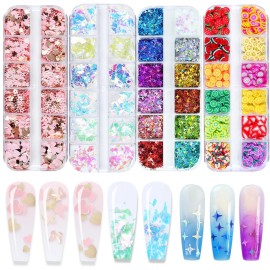 AddFavor 4 Boxes Holographic Nail Glitter Mixed Butterfly Heart Star Sequins Iridescent Flakes Fruit Nail Slice for Nail Art Decorations Supplies
