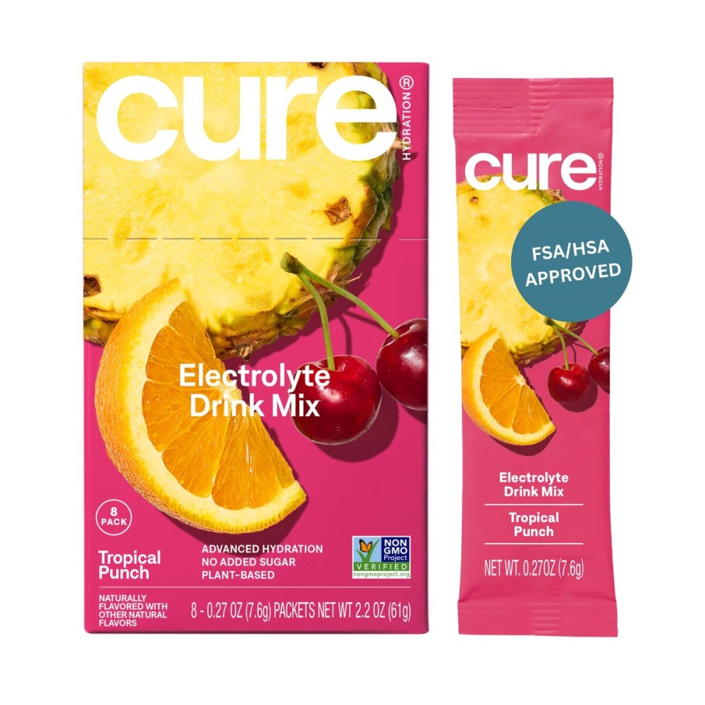 Cure Hydration Plant-Based Electrolyte Drink Mix | No Added Sugar | Dehydration Relief | Coconut Water Powder | FSA-HSA Eligible | Non-GMO, Vegan | 8 Packets - Tropical Punch