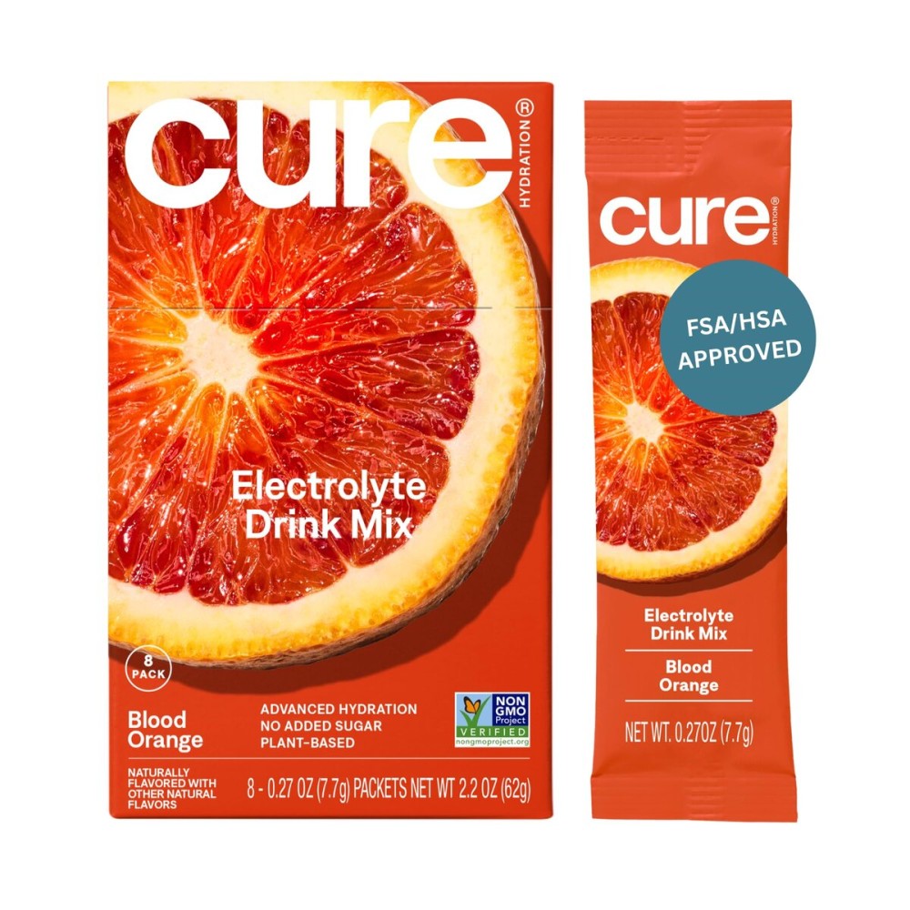 Cure Hydration Plant-Based Electrolyte Drink Mix | No Added Sugar | Dehydration Relief | Coconut Water Powder | FSA-HSA Eligible | Non-GMO, Vegan | 8 Packets - Blood Orange
