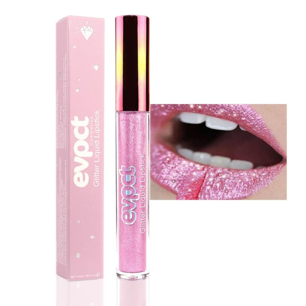 evpct 1Pcs Pink Glitter Metallic Shimmer Diamond Lipstick Lip Gloss for Women Long Lasting Waterproof, Light Bright Rose Pink Sparkle Glitter Matte Liquid Lipstick Lip Makeup Kit, 09