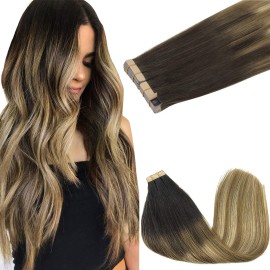 GOO GOO Tape in Hair Extensions Human Hair, 2/6/18 Balayage Brown to Dirty Blonde, 20inch 100g 40pcs, Skin Weft Seamless Invisible, Silky Straight with Thick Ends, Remy Human Hair