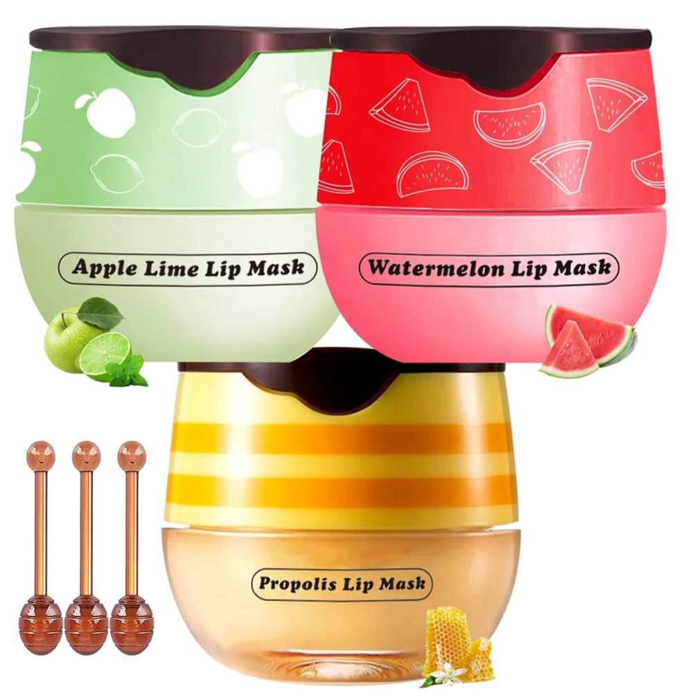 Honey Lip Balm Pot, 3 Pcs Honey & Apple Lime & Watermelon Lip Mask Propolis Lip Mask Moisturizing Hydrating Prevention Dry and Cracked Lip Scrubs Exfoliator