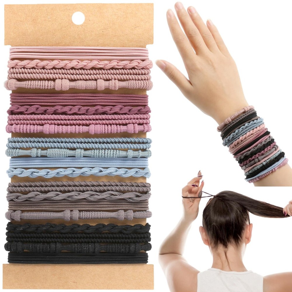 Boho Hair Ties, 20 PCS of 4 Styles Cute Hair Bands for Thick or Thin Hair, No Damage Boho Hair Tie Bracelets, Pink Elastic Hair Accessories for Girls and Women