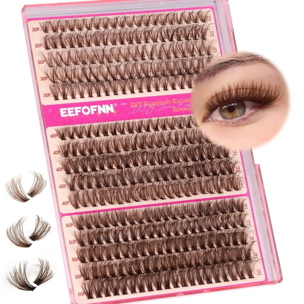 Eefofnn Brown Lash Clusters 300Pcs Fluttery Eyelash Extension 30D+40D+50D Brown Individual Lashes 10-16mm D Curly Natural Eyelash Clusters DIY Wispy Lash Extensions For Beginners