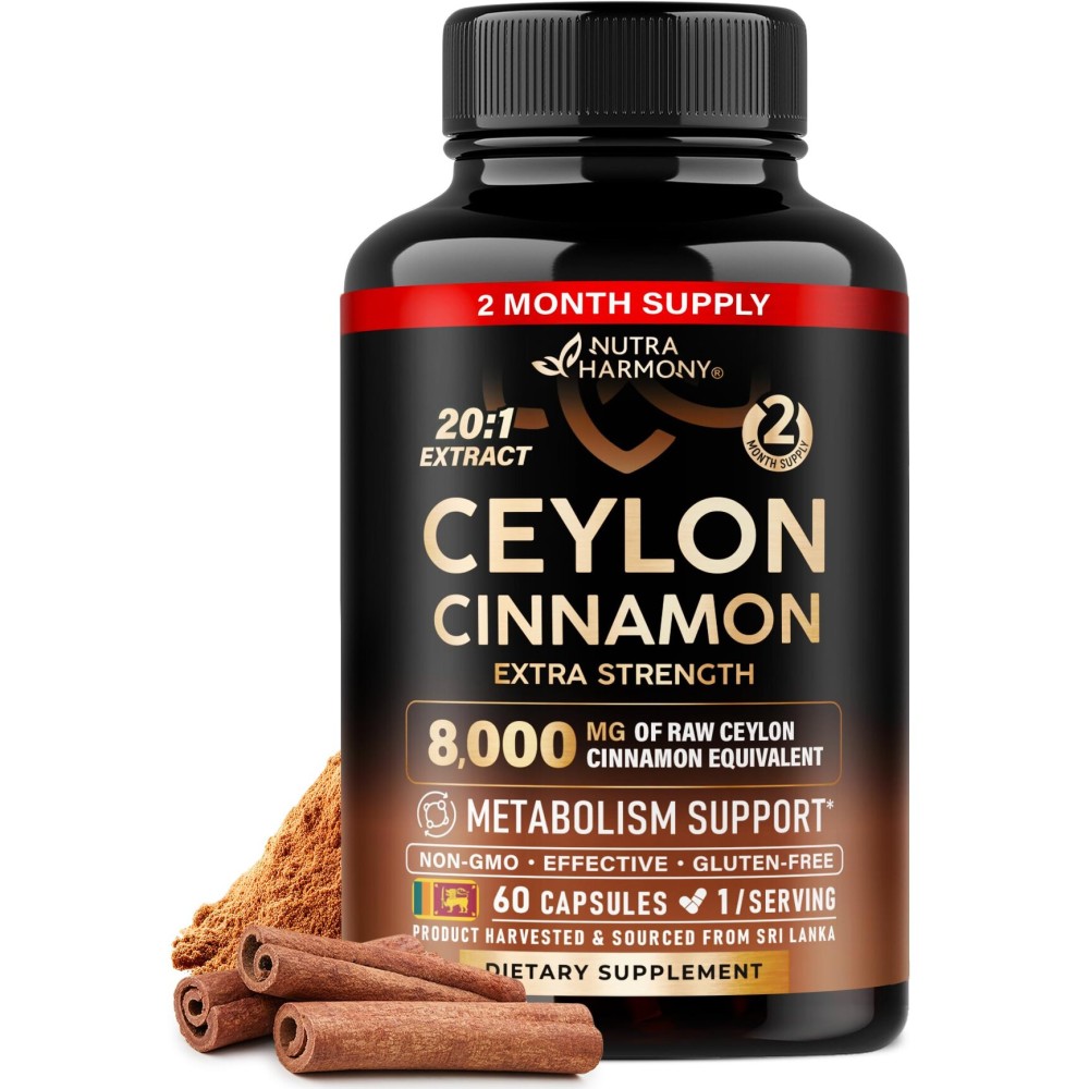 Ceylon Cinnamon Capsules - Extra Strength - Energy Heart & Metabolism Support for Men & Women - Pure Natural Cinnamon 20:1 Extract Supplement - GMO & Gluten Free - Made in USA - 60 Capsules 2 Month