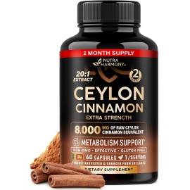 Ceylon Cinnamon Capsules - Extra Strength - Energy Heart & Metabolism Support for Men & Women - Pure Natural Cinnamon 20:1 Extract Supplement - GMO & Gluten Free - Made in USA - 60 Capsules 2 Month
