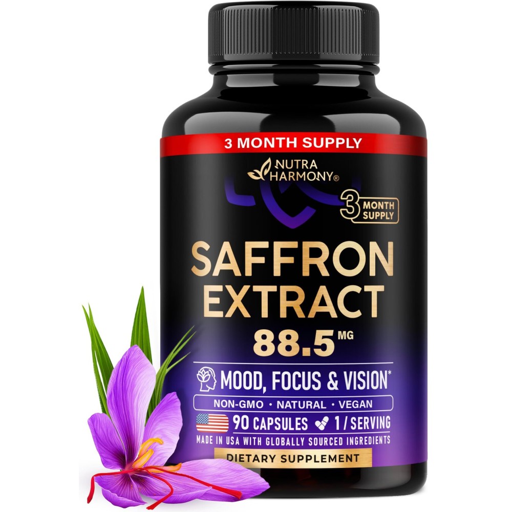 Natural Saffron Supplements - Pure Saffron Extract 88.5 mg - Made in USA - Mood | Focus | Vision | Energy Support - Eye Health for Women & Men - NonGMO Vegan Pills - 90 Powder Capsules, 3 Month Supply