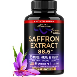 Natural Saffron Supplements - Pure Saffron Extract 88.5 mg - Made in USA - Mood | Focus | Vision | Energy Support - Eye Health for Women & Men - NonGMO Vegan Pills - 90 Powder Capsules, 3 Month Supply