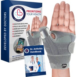 Doctor Developed Wrist Brace - Wrist wrap for Carpal Tunnel Arthritis,Tendonitis, Hand Support - Ideal for Fitness, Weightlifting - Handbook included (Grey - Single, Thumb Brace)