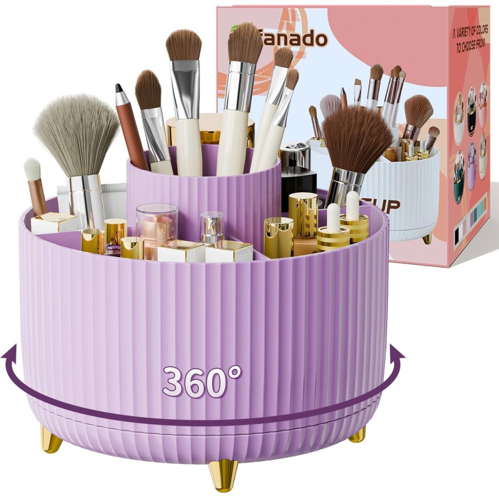 fanado 360 Rotate Makeup Brush Holder Organizer, Makeup Organizers Countertop, Makeup organization and Skincare Storage for Vanity, Desktop, Bathroom (Purple)