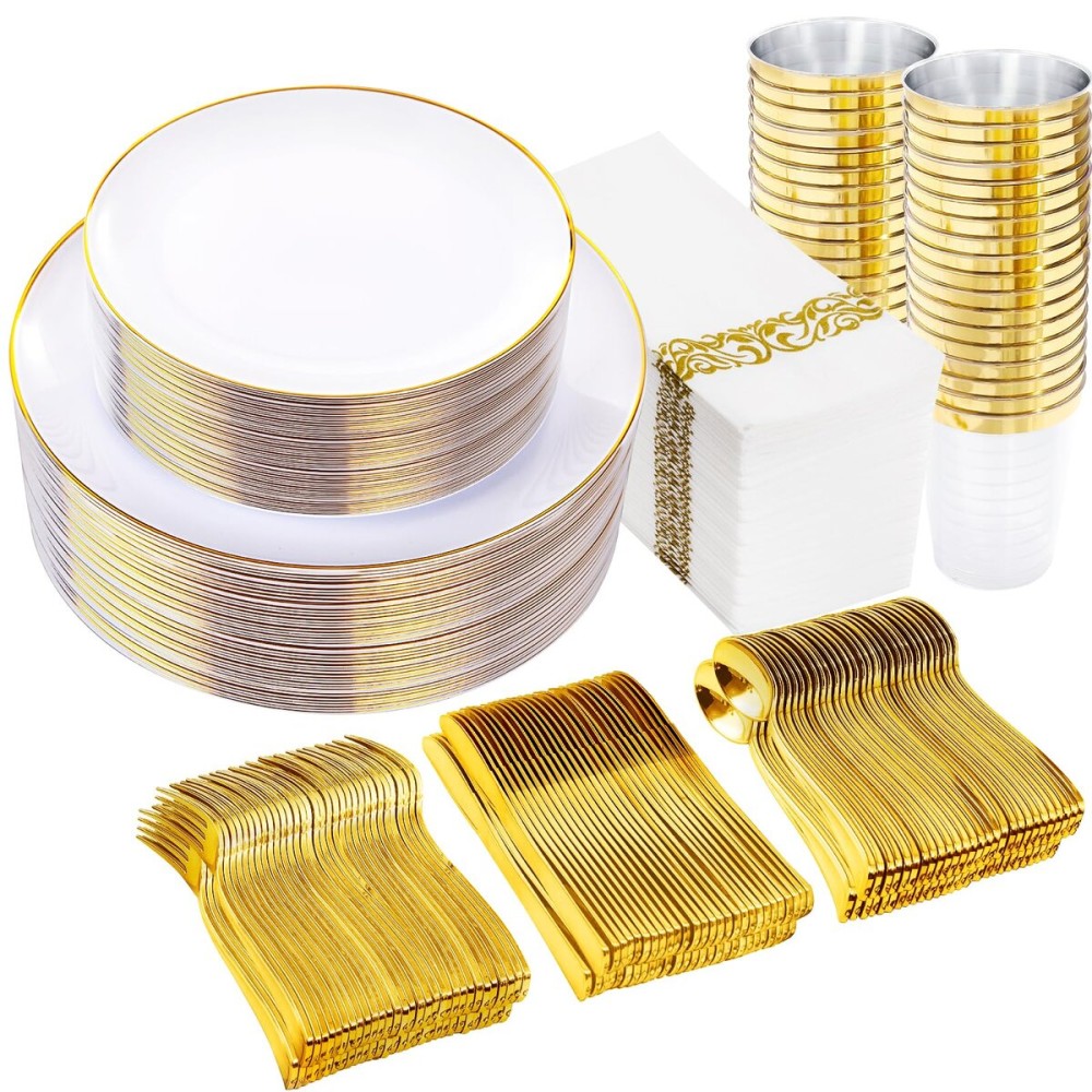 Supernal 350pcs White and Gold Plastic Plates,Gold Plastic Dinnerware for 50 Guests Include 100 White Disposable Plate, 150 Gold Silverware Set, 50 Disposable Cups, 50 Napkins