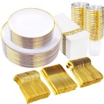 Supernal 350pcs White and Gold Plastic Plates,Gold Plastic Dinnerware for 50 Guests Include 100 White Disposable Plate, 150 Gold Silverware Set, 50 Disposable Cups, 50 Napkins