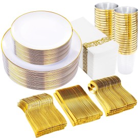 Supernal 350pcs White and Gold Plastic Plates,Gold Plastic Dinnerware for 50 Guests Include 100 White Disposable Plate, 150 Gold Silverware Set, 50 Disposable Cups, 50 Napkins