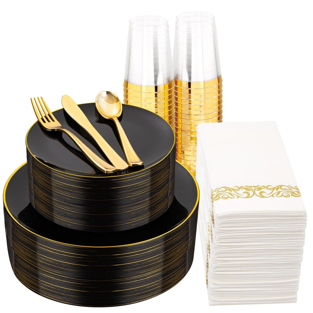 Supernal 350pcs Black & Gold Plastic Dinnerware Set, Elegant Black Plates with Golden Edges, Gold Plastic Silverware, Durable Tableware Perfect for Birthdays, Parties, Wedding, Celebration