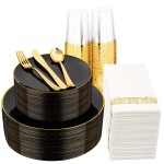 Supernal 350pcs Black & Gold Plastic Dinnerware Set, Elegant Black Plates with Golden Edges, Gold Plastic Silverware, Durable Tableware Perfect for Birthdays, Parties, Wedding, Celebration