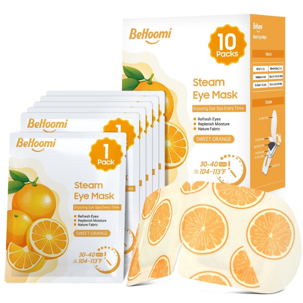 BeHoomi Steam Eye Mask, 10 Packs Heated Eye Mask, Self Heating Disposable SPA Warm Compress for Eyes Sleep Mask, Travel Essentials & Relaxation Gifts, Stocking Stuffers (Orange Scent)