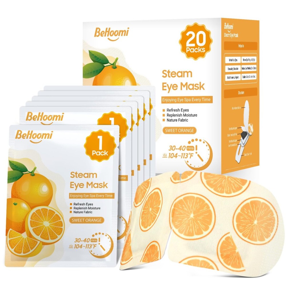 BeHoomi 20 Packs Steam Eye Mask, Heated Eye Mask Warm Compress for Eyes, Disposable Self Heating Steam Mask Sleep, Spa, Travel Essentials & Relaxation Gifts for Women, Stocking Stuffers (Sweet Orange)