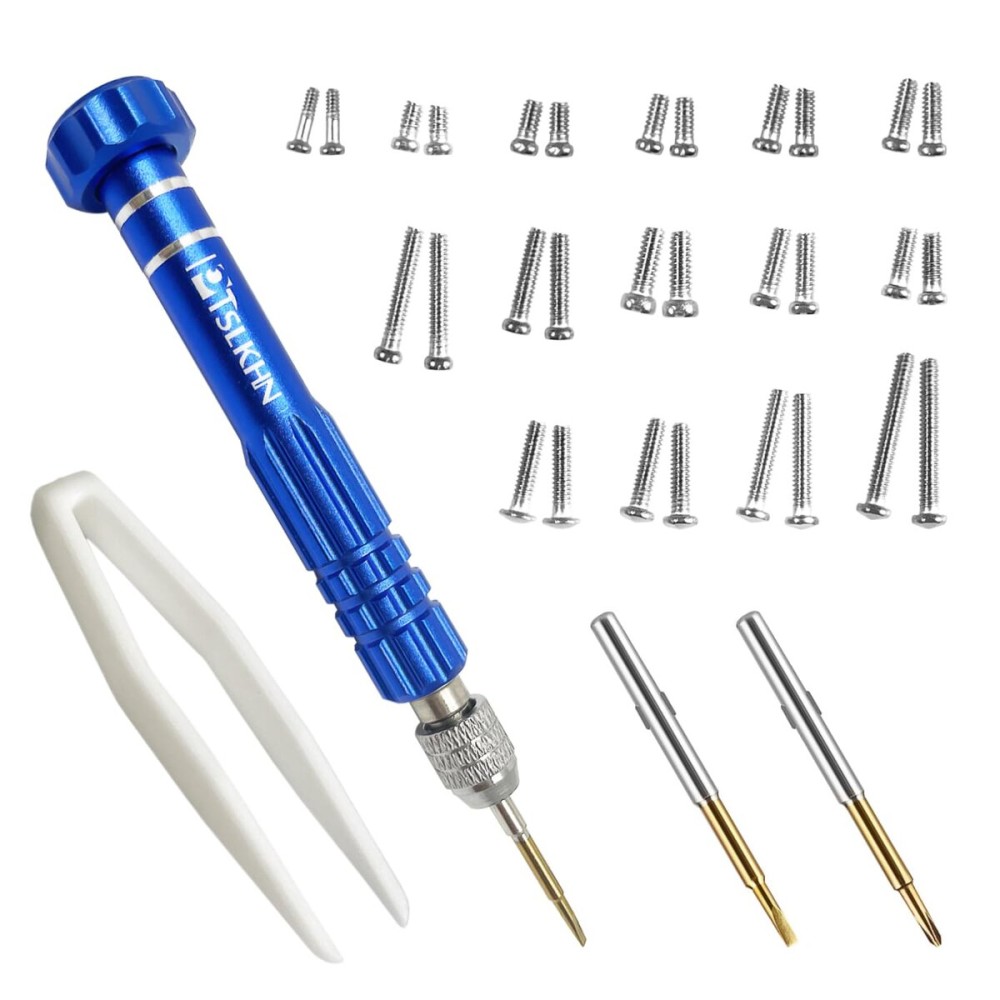 PTSLKHN Eye Glass Repairing Kit, S2 Steel Screwdriver with 15 Types of Screws, Precision Eyeglass Repair Tool Set (Blue 2in1-screws)