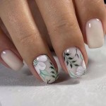 RTKHFZE Press on Nails Medium Square Fake Nails with Flower Leaf Designs White Acrylic Nails Green Full Cover Glue on Nails Glossy Artificial Nails Summer Stick on Nail for Women 24Pcs