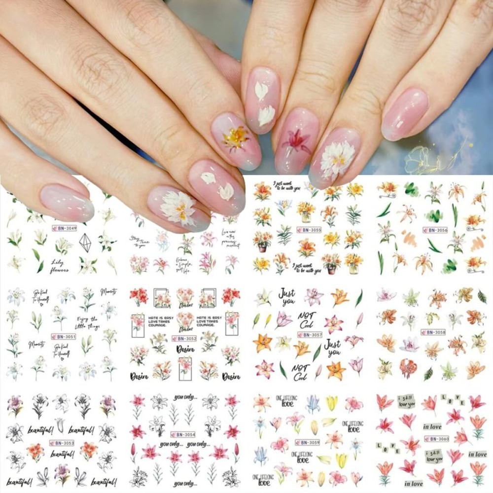 Flower Nail Art Stickers, Flower Nail Decals Summer Daisy Lily Orchid Small Floral Flowers Spring Nail Tattoo Stickers Water Transfer Nail Art Accessories for Women Girls(12Sheets)