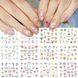 Flower Nail Art Stickers, Flower Nail Decals Summer Daisy Lily Orchid Small Floral Flowers Spring Nail Tattoo Stickers Water Transfer Nail Art Accessories for Women Girls(12Sheets)