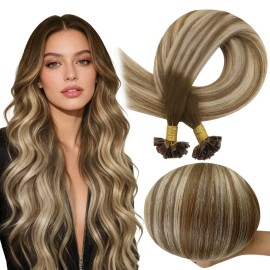 Full Shine K Tip Hair Extensions Real Human Hair Dark Brown Ombre Ash Brown and Blonde 16 Inch 50 Grams Ktip Human Hair Extensions Prebonded Extensions Remy Hair add Volume