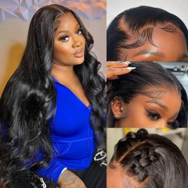 CITY GIRL 28 Inch Body Wave Lace Front Wigs Human Hair Pre Plucked 13x4 hd Transparent Lace Frontal Body Wave Human Hair Wig for Women 200 Density Natural Black