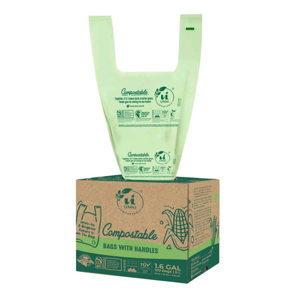 UNNI Compostable T-Shirt Bags with Tie Handles, 1.6 Gallon / 6 Liter, 200 Count Value Pack - 2 rolls  100, 0.64 mil Small Compost Bin Liners, Certified by BPI, CMA & OK compost HOME