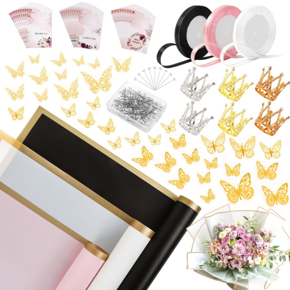 60 Sheet Flower Wrapping Paper-3 Colors Florist Bouquet Wrapping Paper for Wedding Birthday Gift, Flower Paper Wrap with 3 Rolls Ribbon,3D Butterflies, 3 Colors Crowns (Black, Rose Pink, White)