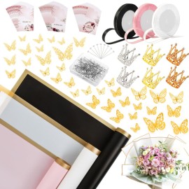 60 Sheet Flower Wrapping Paper-3 Colors Florist Bouquet Wrapping Paper for Wedding Birthday Gift, Flower Paper Wrap with 3 Rolls Ribbon,3D Butterflies, 3 Colors Crowns (Black, Rose Pink, White)