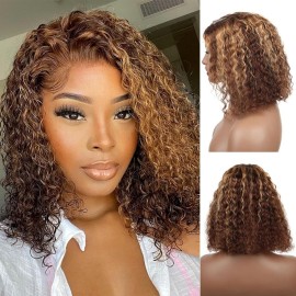 virginess Wear and Go Glueless Wigs Human Hair Pre Plucked Pre Cut Highlight 4/27 Deep Wave Wig for Black Women Human Hair Bob Wig with Elastic Band Upgraded 4x4 Lace Closure Wigs (12Inch)
