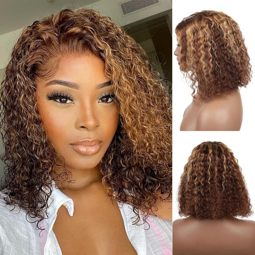 Wear and Go Glueless Wigs Human Hair Pre Plucked Pre Cut Highlight 4/27 Deep Wave Wigs for Black Women Human Hair Bob Wig with Elastic Band Upgraded 4x4 Lace Closure Human Hair Wigs (10Inch)