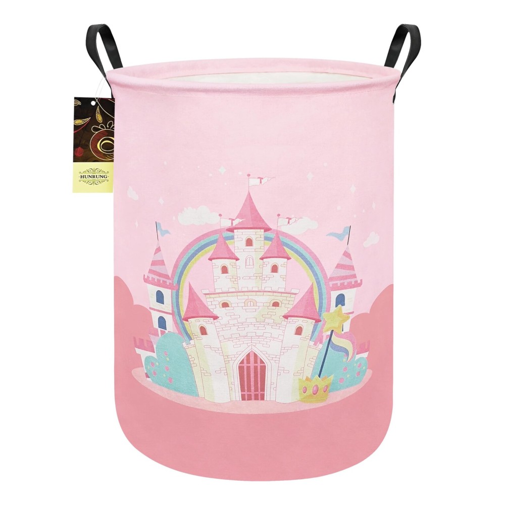 HUNRUNG Laundry Hamper,Large Canvas Fabric Lightweight Storage Basket Toy Organizer Dirty Clothes Collapsible Waterproof for College Dorms(Pink Castle)