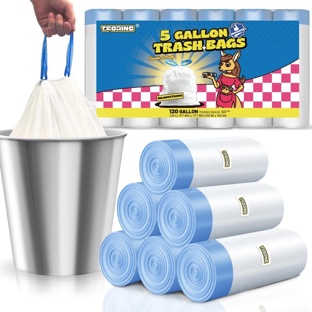 T.FORING 5 Gallon Trash Bags Drawstring 1.1 Mil - 120 Count 18 Liter Small Garbage Bags for Bathroom, Strong Unscented White Plastic Wastebasket Bin Liners for Kitchen Office Toilet and Bedroom