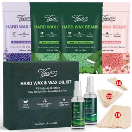 Vennco Hard Wax Beads Kit for Hair Removal, 36 Pieces Wax Beads for Full Body, Face, and Brazilian Bikini, Aloe, Lavender, Cherry Blossom - Includes Pre and Post Wax Oils