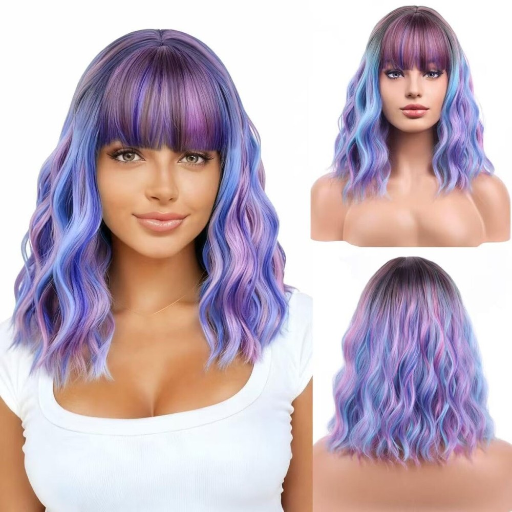 BERON 14 Inches Colorful Wigs with Bangs Short Colorful Bob Wigs for Women Loose Wavy Wig for Women Girls