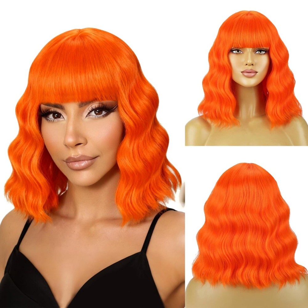 BERON 14 Inches Orange Wig with Bangs Short Bob Curly Wigs Ginger Orange Wigs for Women Girls