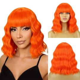 BERON 14 Inches Orange Wig with Bangs Short Bob Curly Wigs Ginger Orange Wigs for Women Girls